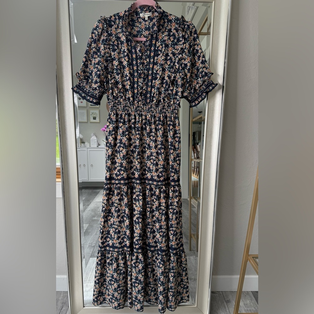 Max Studio Navy Floral Ruffle Maxi Dress | Size Small | Boho Cottagecore - Picture 5 of 8